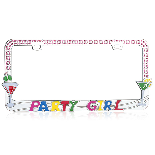 "Martini Glass for a Party Girl" Chrome Metal License Plate Frame with Pink Crystals